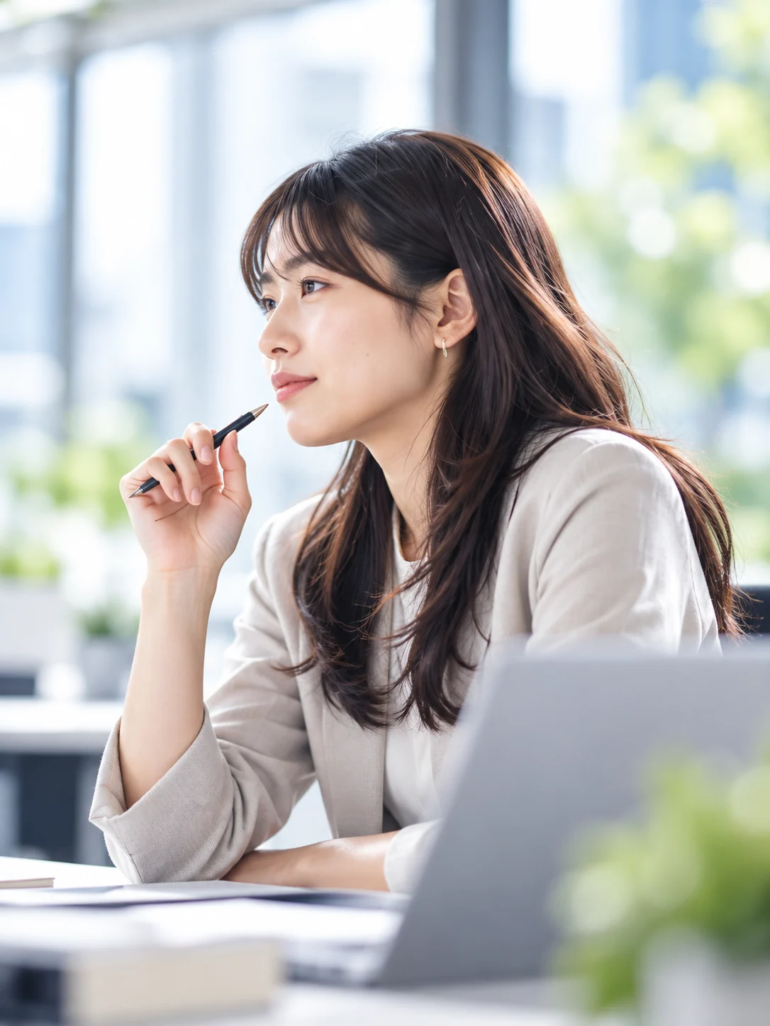 ペンを手にアイデアを考える社員